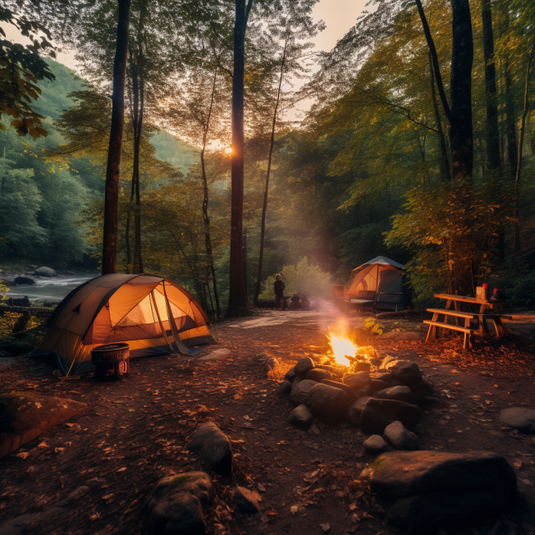 Asheville campsite with two tents set up around a fire in the canopy of an old tree forest valley while the sun goes down long the mountain ridge