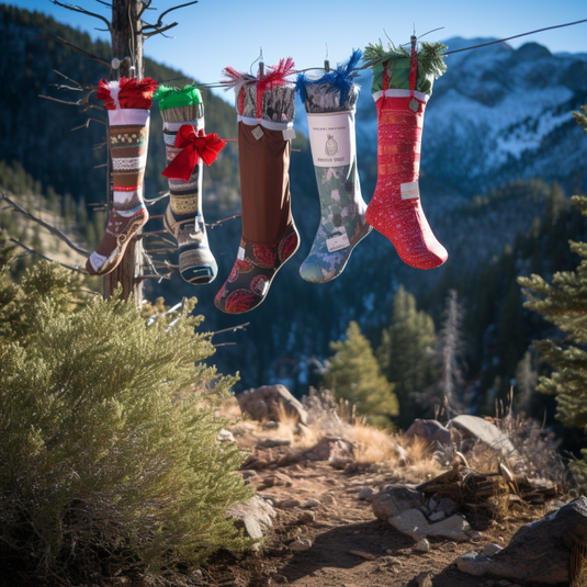 Five rugged stockings hanging outdoors on a hiking trail with snow in the background