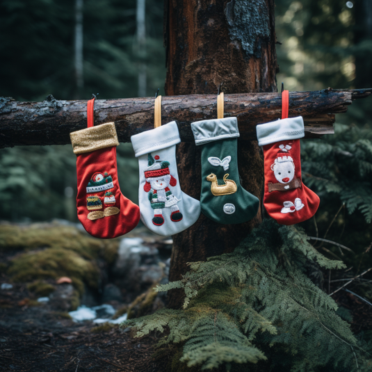 Four colorful Christmas Stockings hanging on a log in the woods with snow on the ground