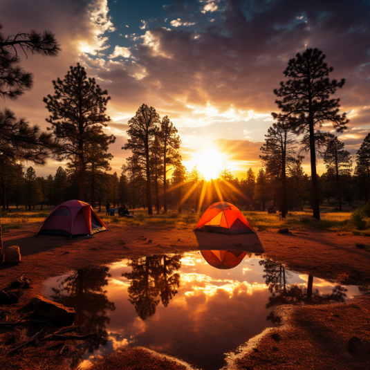 Campsite with two tents near water during a sunset in Arizona