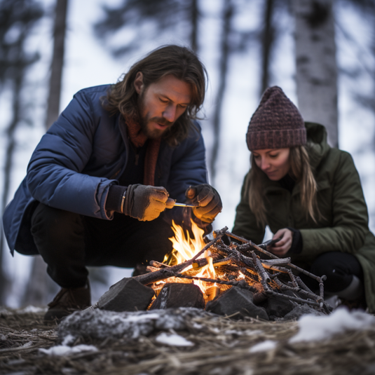 Man and woman starting a fire at a campsite in the woods in the cold weather