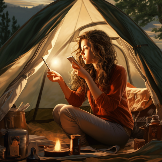 a woman looking in a handheld mirror while she does her skincare routine while camping
