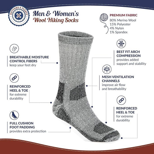 Buttons & Pleats Wool Socks for Men & Women Merino Thermal Warm Cozy Winter Boot Sock Menswear Breathable
