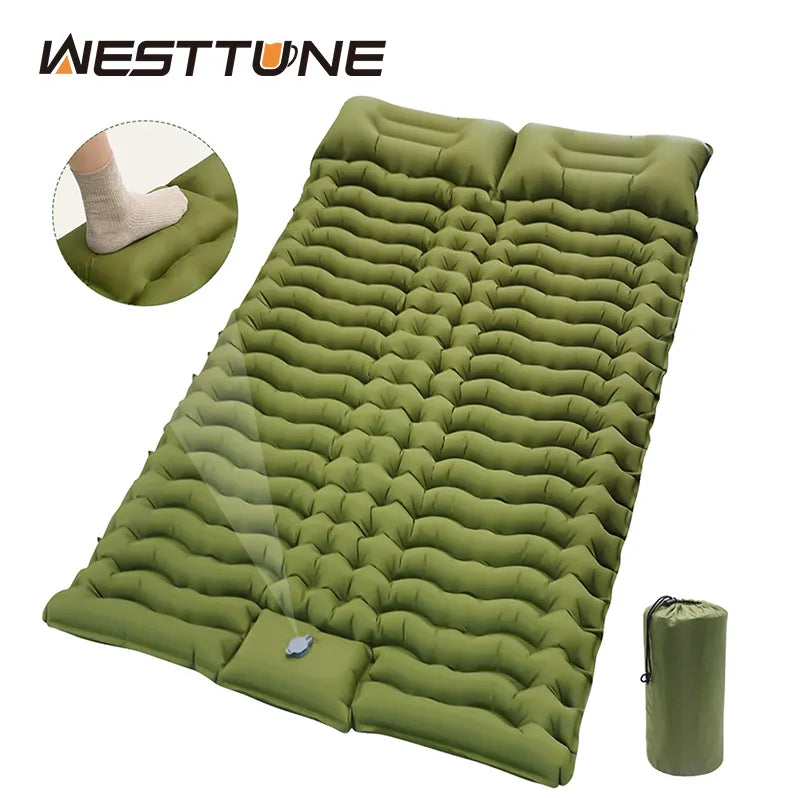 Double Self Inflating Camping Sleeping Pad with Built In Pillow
