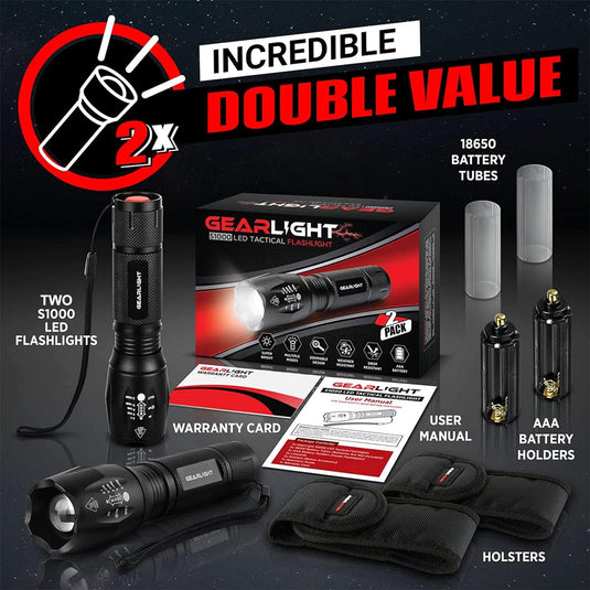 GearLight S1000 LED Flashlight 1040 Lumens (2 Pack) - 5 Modes - Zoomable Beam