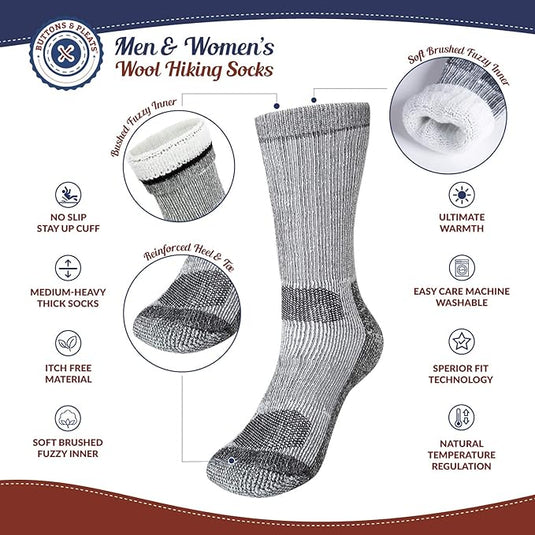 Buttons & Pleats Wool Socks for Men & Women Merino Thermal Warm Cozy Winter Boot Sock Menswear Breathable