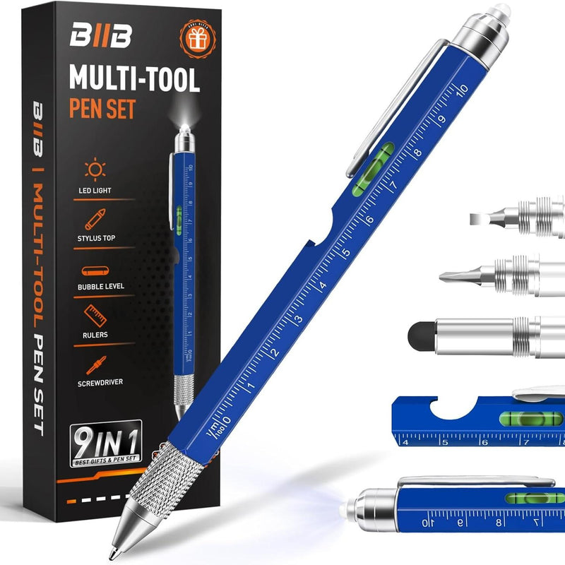 Load image into Gallery viewer, BIIB Stocking Stuffers 9 in 1 Multitool Pen - Ballpoint pen, Ruler, Flat &amp; Phillips Screwdriver, Bottle Opener, Stylus, Level, and LED flashlight.
