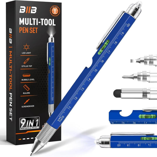 BIIB Stocking Stuffers 9 in 1 Multitool Pen - Ballpoint pen, Ruler, Flat & Phillips Screwdriver, Bottle Opener, Stylus, Level, and LED flashlight.