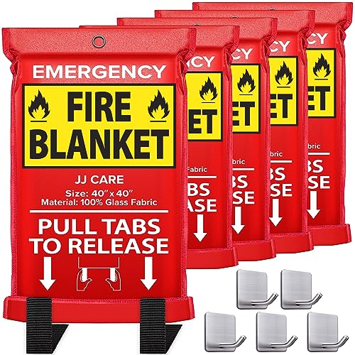 JJ Care Fire Blanket 5 Packs with Hooks Emergency Fire Blanket for Home & Kitchen High Heat Resistant Fire Suppression Blankets for Home Safety
