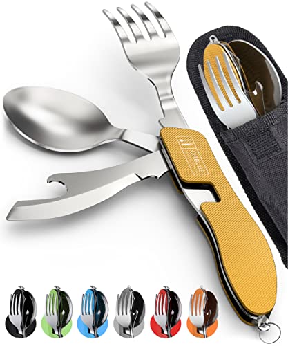 Orblue 4-in-1 Camping Utensils, 2-Pack, Portable Stainless Steel Spoon, Fork, Knife & Bottle Opener Combo Set - Travel, Backpacking Cutlery Multitool, Yellow