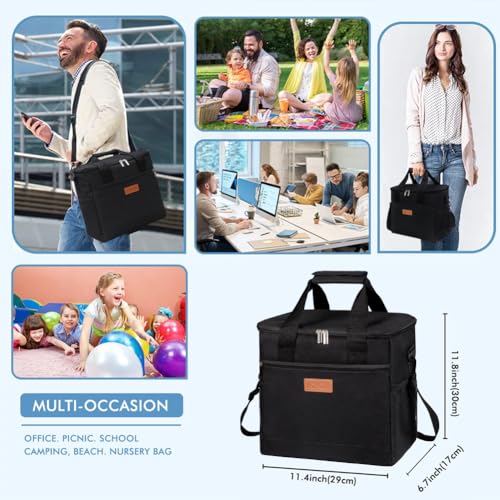 Iknoe Large Cooler Bag Collapsible 24 Can Insulated Bags Leakproof Lunch Cooler Tote with Multi-Pockets for Adult Insulated Thermal Bag for Beach, Picnic, Office Work (New Black)