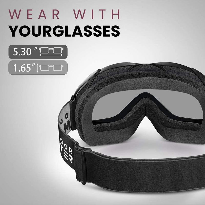 Load image into Gallery viewer, OutdoorMaster OTG Ski Goggles - Over Glasses Ski/Snowboard Goggles for Men, Women &amp; Youth - 100% UV Protection (Black Frame + VLT 10% Grey Lens with REVO Silver)
