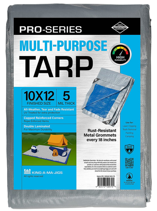 10x12 Ft Tarp, Waterproof Plastic Poly 5 Mil Thick Tarpaulin with Metal Grommets Every 18in - Emergency Rain Shelter, Outdoor Cover and Camping Use - (Reversible, Blue and Silver)