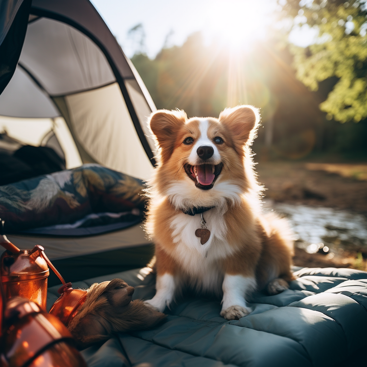 Happy dog in front of a tent on a sleeping bag.