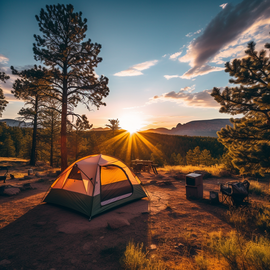 AI generated image of a tent with a sunrising in the background in an area that looks like Colorado.