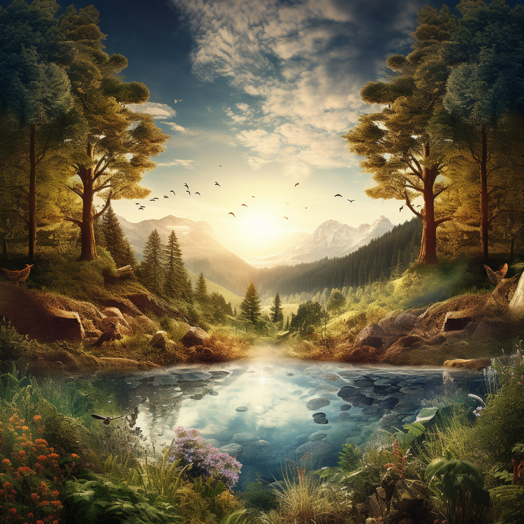 A beautiful depiction of nature with a pond, a mountain range skyline, and trees.