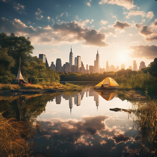 AI generated image of a tent on a small body of water with a city skyline behind it.