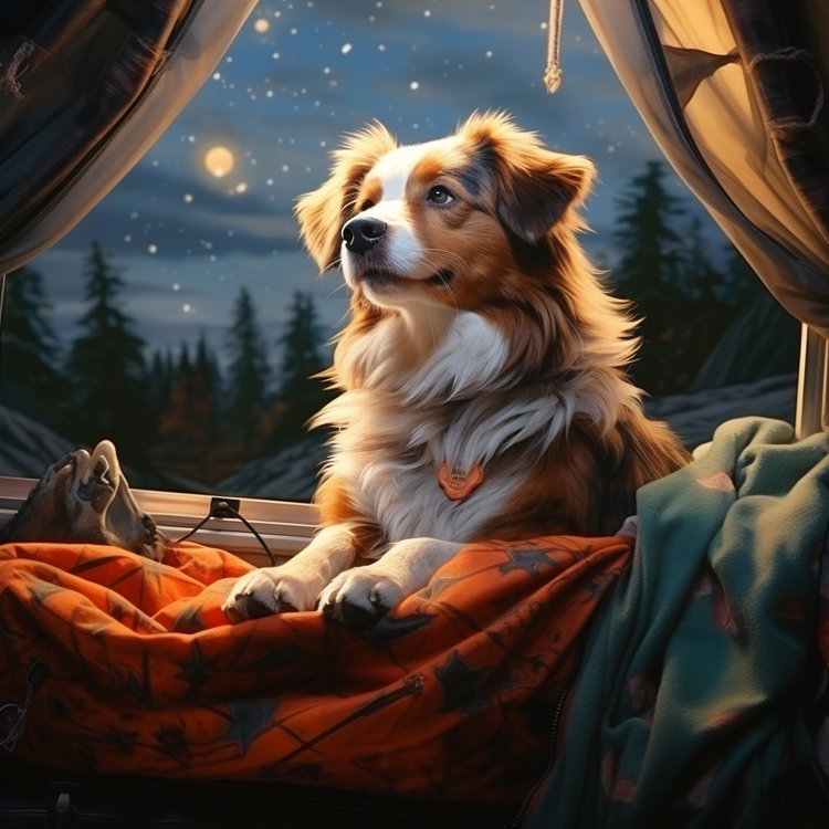 AI image of an australian shepherd in a tent with a night sky in the background.
