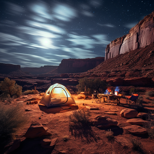a tent under a moonlit sky in moab utah