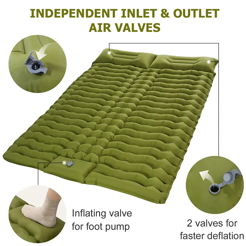 Load image into Gallery viewer, Double Self-Inflating Camping Sleeping Pad with Built-In Pillow: Comfy Mattress for Two, Perfect for Hiking and Outdoor Travel
