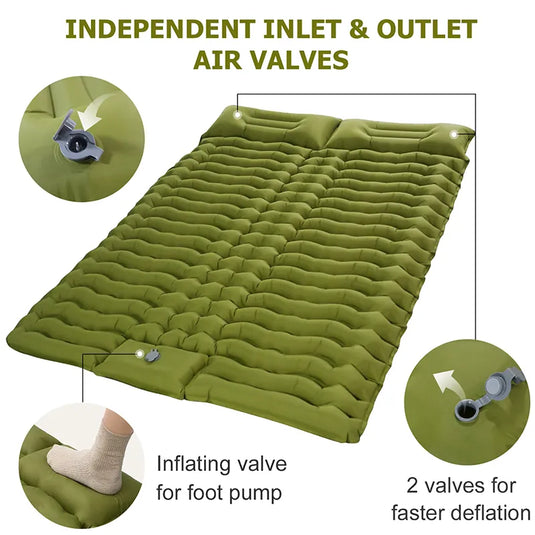 Double Self-Inflating Camping Sleeping Pad with Built-In Pillow: Comfy Mattress for Two, Perfect for Hiking and Outdoor Travel