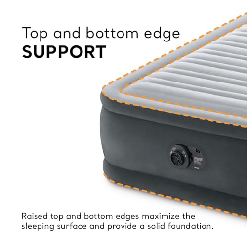 INTEX 64411ED Dura-Beam Deluxe Comfort-Plush Elevated Air Mattress: Fiber-Tech – Twin Size – Built-in Electric Pump – 18in Bed Height – 300lb Weight Capacity, Grey