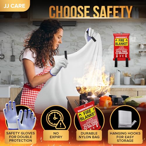 JJ Care Fire Blanket – 5 Packs with Hooks – Emergency Fire Blanket for Home & Kitchen, High Heat Resistant Fire Suppression Blankets for Home Safety, Kitchen, and Camping