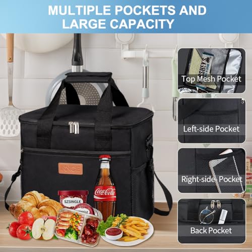 Iknoe Large Cooler Bag Collapsible 24 Can Insulated Bags Leakproof Lunch Cooler Tote with Multi-Pockets for Adult Insulated Thermal Bag for Beach, Picnic, Office Work (New Black)