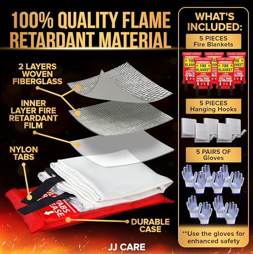 JJ Care Fire Blanket – 5 Packs with Hooks – Emergency Fire Blanket for Home & Kitchen, High Heat Resistant Fire Suppression Blankets for Home Safety, Kitchen, and Camping