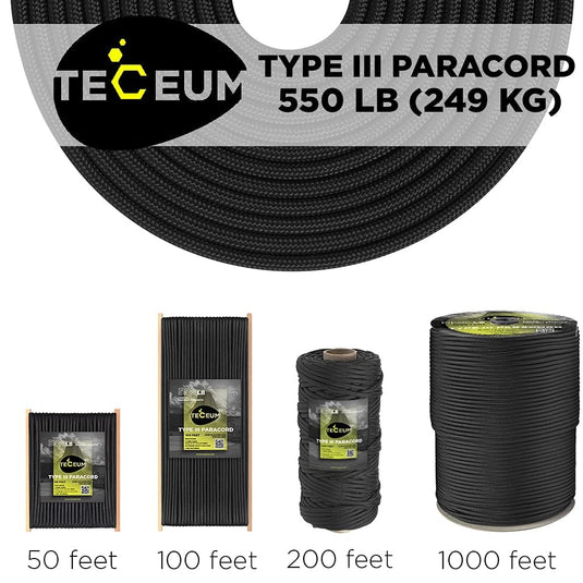 TECEUM Paracord Type III 550 Black - 4mm – Tactical Rope MIL-SPEC – Camping, Hiking, Fishing, Survival