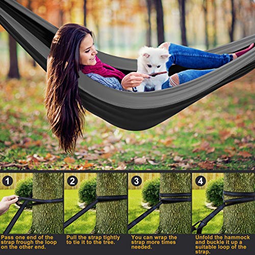 Qevooon Camping Hammock with Net,Travel Portable Lightweight Hammocks with Tree Straps and Solid D-Shape Carabiners,Parachute Nylon Hammock for Outsides Backpacking Beach Backyard Patio Hiking