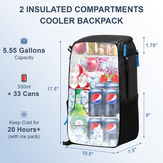 SPARTER Backpack Cooler Insulated Leak Proof 33 Cans, 2 Insulated Compartments Thermal Bag, Portable Lightweight Beach Travel Camping Lunch Backpack for Men and Women