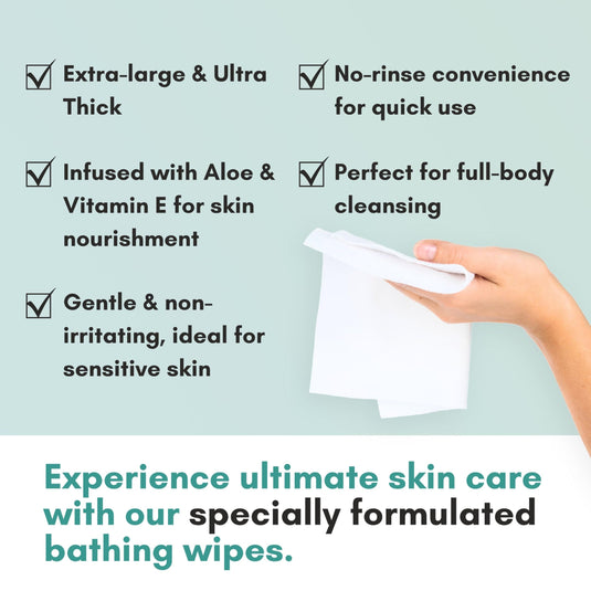 Nurture XL Ultra Thick Body Wipes for Adults w/Aloe | 40 Extra Large Disposable Cloth Wet Cleansing No Rinse Bathing Washcloths, Waterless Shower | Bath Wipe for Women, Men & Elderly