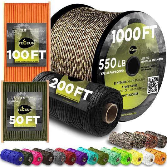TECEUM Paracord Type III 550 Black –100 ft – 4mm – Tactical Rope MIL-SPEC –  Outdoor para Cord –Camping Hiking Fishing Gear and Equipment EDC Parachute