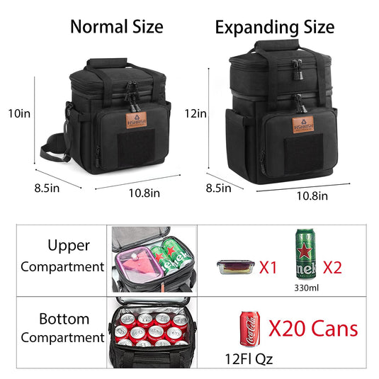 HSHRISH Tactical Lunch Box, Large Expandable Insulated Lunch Bag, Durable Waterproof Leakproof Cooler Bag for Adults/Men/Women/Work Outdoor Beach Trips, 20 Cans/15 L, Black