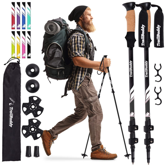 Foxelli Carbon Fiber Trekking Poles – Lightweight Collapsible Hiking Poles,  Shock-Absorbent Walking Sticks with Natural Cork Grips, Flip Locks, 4