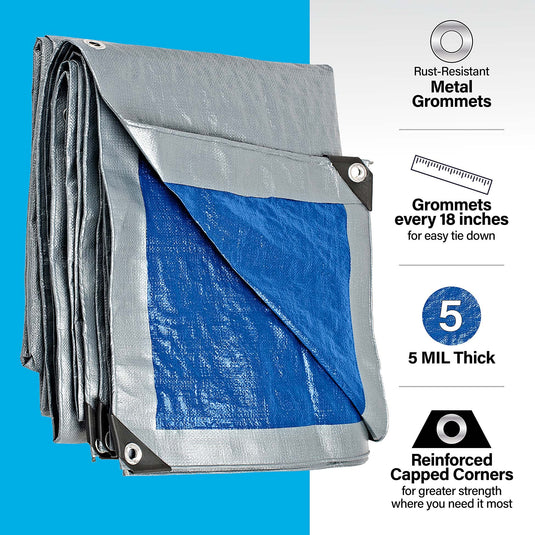 10x12 Ft Heavy-Duty Poly Tarp - Waterproof, 5 Mil Thick with Metal Grommets Every 18 Inches - Reversible Blue and Silver, Ideal for Emergency Shelter, Outdoor Cover & Camping