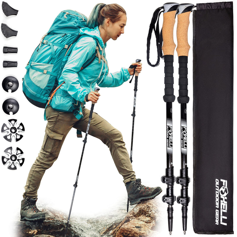 Load image into Gallery viewer, Foxelli Carbon Fiber Trekking Poles – Lightweight Collapsible Hiking Poles, Shock-Absorbent Walking Sticks with Natural Cork Grips, Flip Locks, 4 Season/All Terrain Accessories and Carry Bag
